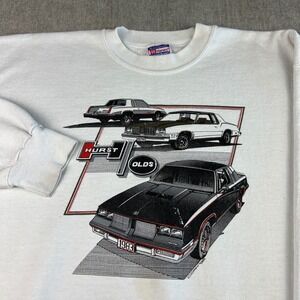 Vintage 90s Hurst Oldsmobile 1983 Graphic Sweatshirt Men's Large White Cars VTG
